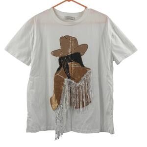 NEW FLEASTYLE Small T-Shirt Cowgirl with Black Hair Bling Top Sequin NWOT Cotton